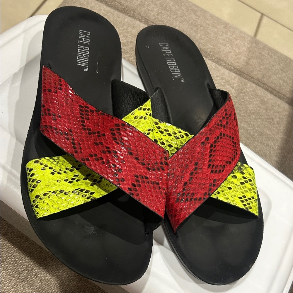 Cape Robbin Black, Red, and Yellow Slide Sandals